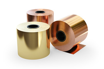 Copper and brass sheets in rolls, rolled metal products. Isolated on white background, clipping path included. 3d illustration.