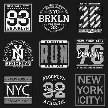 New York, Brooklyn typography. Set of athletic print for t-shirt design. Graphics for sport apparel. Collection of tee shirt badge. Vector.