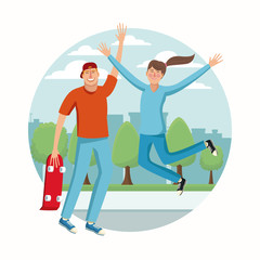 Young people jumping of hapiness cartoon vector illustration graphic design