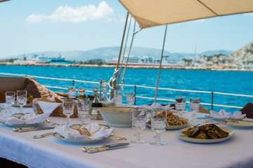 lunch about to be served aboard a yacht outside of zakynthos