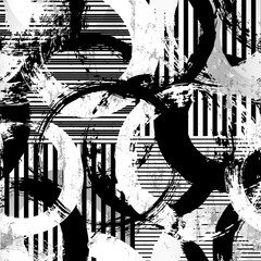 seamless background pattern, with circles, stripes, strokes and splashes, black and white