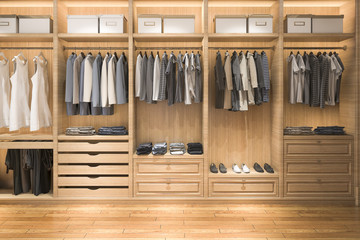 Fototapeta na wymiar 3d rendering modern scandinavian white wood walk in closet with wardrobe