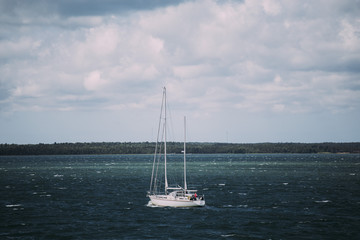 Fototapeta premium Small Yacht Sailing near coast in windy weather