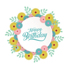 happy birthday greeting card with flower wreath