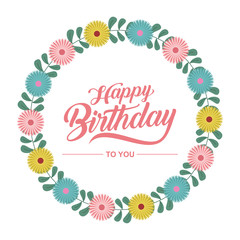 happy birthday greeting card with flower wreath