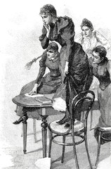 Junge Frauen stehen überrascht auf Stühlen un dem Tisch