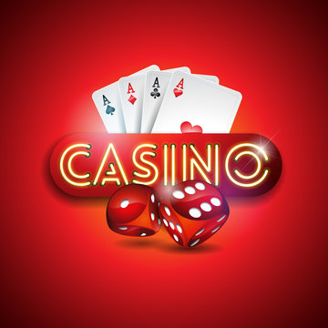 Vector illustration on a casino theme with shiny neon light letter and poker cards on red background. Gambling design for invitation or promo banner with dice.