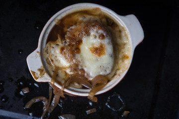 French onion soup with melted cheese in the oven