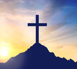 crucifixion, religion and christianity concept - silhouette of cross on calvary hill over sky...