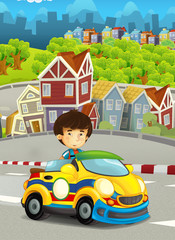 cartoon funny and happy looking asian child - boy in racing car on race track - illustration for children