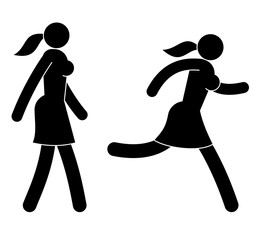 Pictograms, icons of running and running abstract woman, girl.