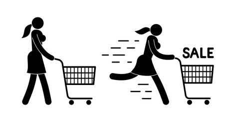 Pictogram  woman walking with  shopping cart. Icon of girl running for sale.