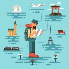Bearded man in travel clothing, holds a map, surrounded by world monuments. Cartoon tourist in a flat style. On background plane, train and car.