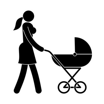 Pictogram woman with a baby stroller. Mother's icon.