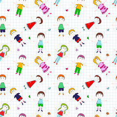 Kids seamless pattern. Hand draw seamless background with cheerful children.