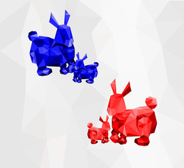 Abstract of Low poly red and blue rabbit with gray crumpled paper background,cute animal,geometric concept,Vector.	