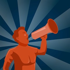 Man announcing through megaphone or mouthpiece advertising