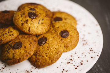 Chocolate cookies placed on a plate on a dark background.