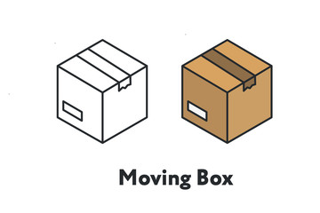 Isometric Moving Box Cardboard Scotch Tape Minimal Flat Line Outline Stroke Icon