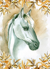 Watercolor illustration of horse decorated with branches
