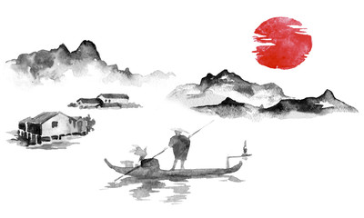 Japan traditional sumi-e painting. Indian ink illustration. Man and boat. Sunset, dusk. Japanese picture.