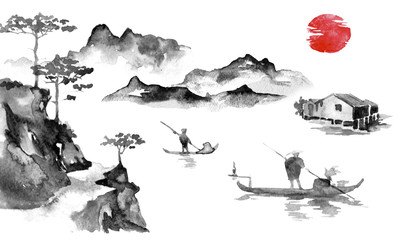 Japan traditional sumi-e painting. Indian ink illustration. Man and boat. Sunset, dusk. Japanese picture.
