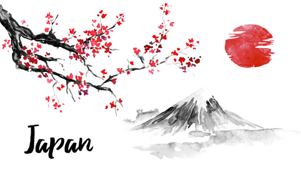 Japan traditional sumi-e painting. Sakura, cherry blossom. Fuji mountain. Indian ink illustration. Japanese picture.