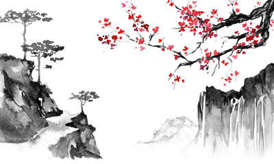 Japan traditional sumi-e painting. Indian ink illustration. Japanese picture. Sakura and mountains