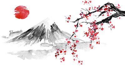 Japan traditional sumi-e painting. Indian ink illustration. Japanese picture. Sakura, sun and mountain - obrazy, fototapety, plakaty