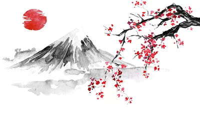 Foto op Canvas Japan traditionele sumi-e schilderij. Oost-Indische inkt illustratie. Japanse foto. Sakura, zon en berg © helen_f