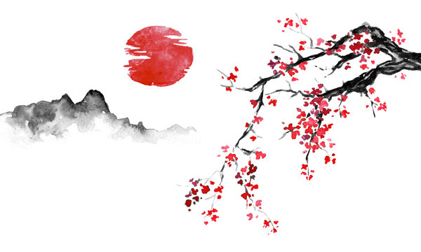 Japan traditional sumi-e painting. Indian ink illustration. Japanese picture. Sakura, sun and mountain