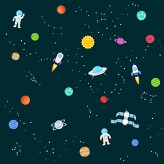 Seamless background of space objects. Planets, stars, constellations, comet, spaceship, ufo, cosmic stations, astronaut.