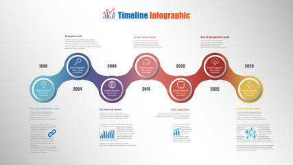 Modern timeline infographic with 7 steps circle designed for template brochure diagram planning presentation process webpages workflow. Vector illustration