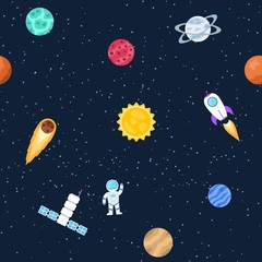 Seamless background of space objects. Planets, stars, constellations, comet, spaceship, ufo, cosmic stations, astronaut Collection of outer space icons Vector illustration