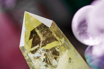 Citrine stone and amethyst. Yellow, clear crystal with dark, smokey color, smoky quartz with...