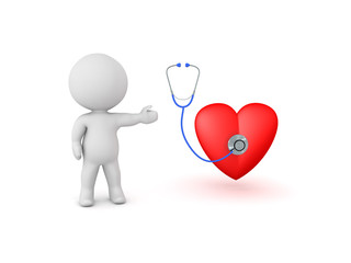 3D Character showing stethoscope checking up heart