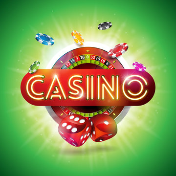 Casino Illustration with shiny neon light letter and roulette wheel on green background. Vector gambling design for invitation or promo banner with dice.