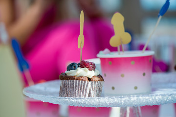 Mature content. Cheerful bride and bridesmaids party. Colorful, funny and obscene background. Cupcakes with berries and penis decorations on toothpicks.