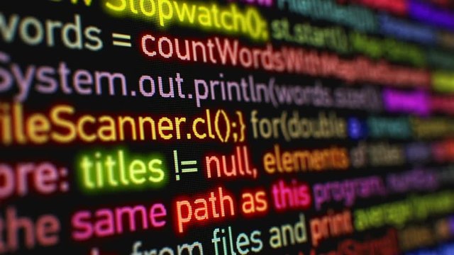 Machine Language Running on the Data Screen with DOF Blur. Bright Colors Glowing Software Programming Animation Design. Technology Concept. 4k UHD 3840x2160.