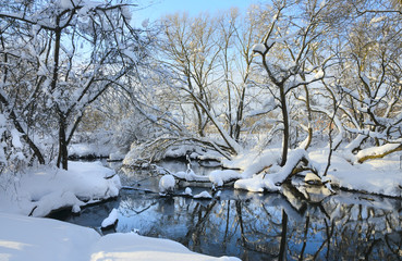 Sunny winter landscape with snow covered trees on the riverbank.River Konchura in Moscow region,Russia.