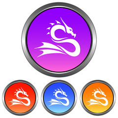 Circular, metallic, dragon (white silhouette) icon. Four color (gradient) variations. Isolated on white
