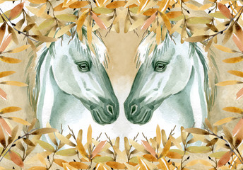 Watercolor illustration of horses decorated with branches