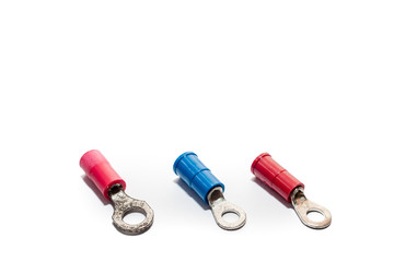 Electrical red and blue Ring Terminal on white background.