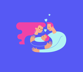 Mom and dad hugging and cuddling their baby boy or girl and nursing him. Parents embracing newborn son and expressing love and care. Modern illustration logo symbol for banner or website. Vector