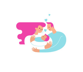 Mom and dad hugging and cuddling their baby boy or girl and nursing him. Parents embracing newborn son and expressing love and care. Modern illustration logo symbol for banner or website. Vector