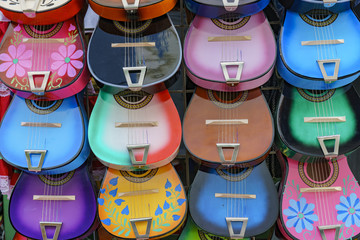 Close up shot of colorful ukulele
