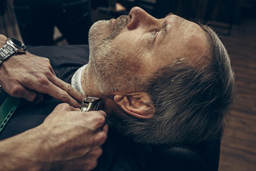 Naklejka premium Close-up side back view handsome senior bearded caucasian man getting beard grooming in modern barbershop.
