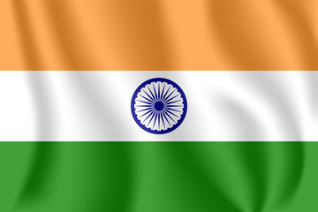 Flag of India. Realistic waving flag of Republic of India. Fabric textured flowing flag of India.