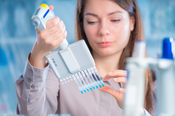 Microbiological laboratory scientist woman with multi channel pipette going DNA test