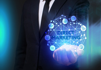 Business, Technology, Internet and network concept. Young businessman working on a virtual screen of the future and sees the inscription: Direct marketing